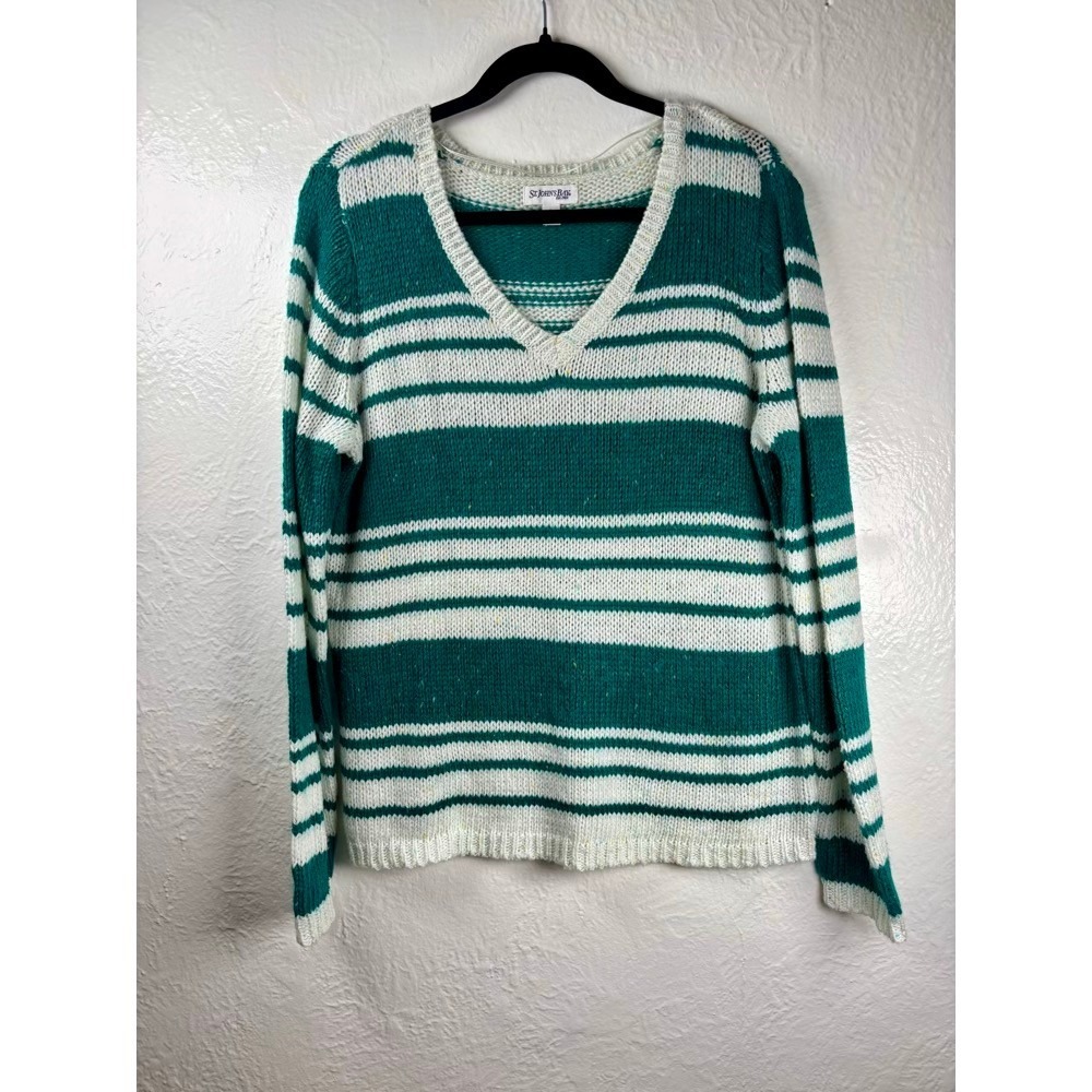St Johns Bay Women Sweater Sz‎ L Green White Stripe Comfy Preppy Layer 90s